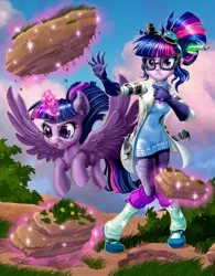 Size: 2836x3641 | Tagged: safe, artist:harwick, derpibooru import, part of a set, sci-twi, twilight sparkle, twilight sparkle (alicorn), alicorn, pony, equestria girls, bush, clothes, geode of telekinesis, glasses, gloves, glowing horn, grass, high res, horn, human ponidox, lab coat, magic, magical geodes, messy hair, part of a series, rock, self ponidox, telekinesis, twolight