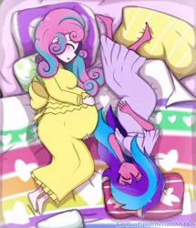 Size: 900x1045 | Tagged: safe, artist:gardianripu, derpibooru import, princess flurry heart, oc, oc:melody aurora, equestria girls, adult, bed, belly, big belly, blushing, bonding, cousins, cute, duo, duo female, eyes closed, female, flurrybetes, from above, hand on belly, happy, laying on bed, lying, multiple pregnancy, ocbetes, offspring, older, older flurry heart, on bed, parent:flash sentry, parent:twilight sparkle, parents:flashlight, pillow, pregnant, signature, smiling