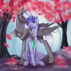 Size: 5000x5000 | Tagged: artist needed, source needed, safe, derpibooru import, oc, oc:enuil horman, oc:lane forts, unofficial characters only, pegasus, unicorn, cherry blossoms, eye contact, flower, flower blossom, gay, leaves, looking at each other, male, necktie, tree