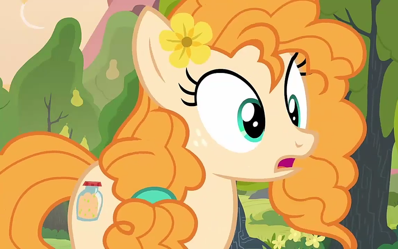 Size: 1148x720 | Tagged: safe, derpibooru import, screencap, pear butter, earth pony, pony, the perfect pear, flower, flower in hair, pear tree, solo, tree