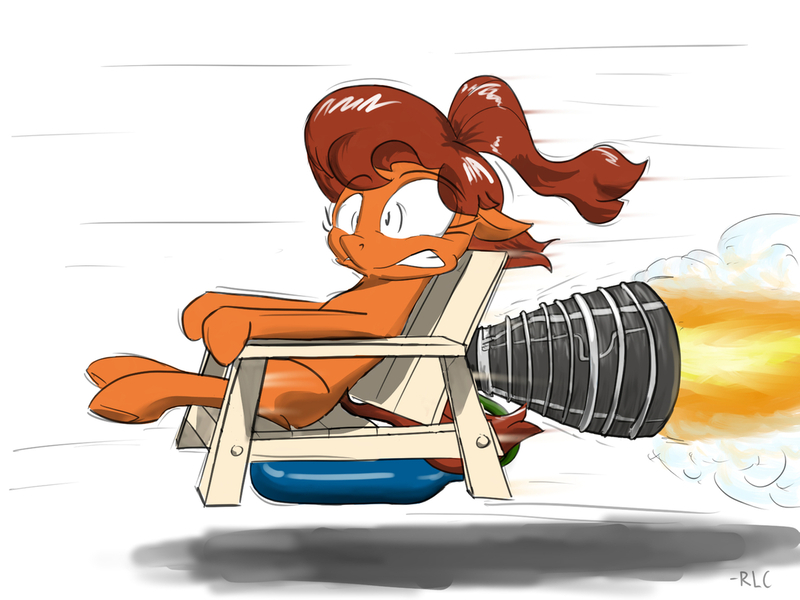 Size: 1280x960 | Tagged: safe, artist:rocket-lawnchair, derpibooru import, oc, oc:maven, unofficial characters only, earth pony, pony, chair, didn't think this through, don't try this at home, female, inside joke, lawn chair, pun, rocket engine, rocketdyne rs-25, shrunken pupils, solo, speed lines, this will end in death, this will end in pain, this will end in pain and/or death, this will not end well, visual pun