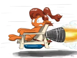 Size: 1280x960 | Tagged: safe, artist:rocket-lawnchair, derpibooru import, oc, oc:maven, unofficial characters only, earth pony, pony, chair, didn't think this through, don't try this at home, female, inside joke, lawn chair, pun, rocket engine, rocketdyne rs-25, shrunken pupils, solo, speed lines, this will end in death, this will end in pain, this will end in pain and/or death, this will not end well, visual pun