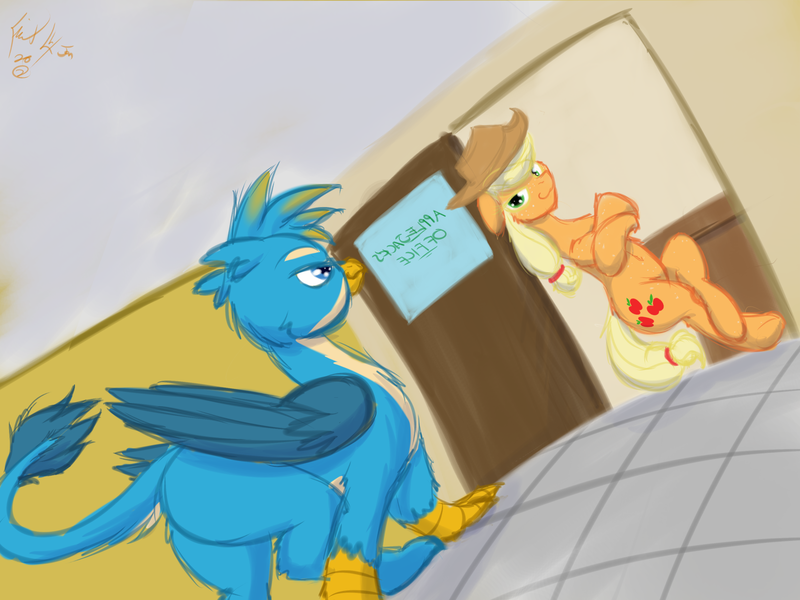 Size: 2048x1536 | Tagged: safe, artist:frist44, derpibooru import, applejack, gallus, earth pony, gryphon, fanfic:rewarding punishment, butt, cover art, door, dummy thicc, fanfic art, fanfic in the description, female, gallass, galljack, imminent sex, jojo's bizarre adventure, leaning, male, office, oh you're approaching me, shipping, smug, straight, teacher and student