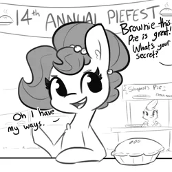 Size: 1500x1500 | Tagged: safe, artist:tjpones, derpibooru import, part of a set, oc, oc:brownie bun, oc:gerdie, unofficial characters only, earth pony, gryphon, pony, comic, dialogue, female, food, grayscale, jewelry, mare, monochrome, necklace, offscreen character, pearl necklace, pie, simple background, white background