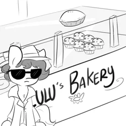 Size: 1500x1500 | Tagged: safe, artist:tjpones, derpibooru import, part of a set, oc, oc:brownie bun, unofficial characters only, earth pony, pony, clothes, comic, female, food, grayscale, hat, mare, monochrome, pie, simple background, solo, sunglasses, trenchcoat, white background