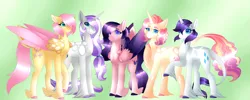 Size: 5995x2400 | Tagged: safe, artist:clay-bae, derpibooru import, fluttershy, rarity, oc, oc:alto, oc:meadow lark (clay-bae), oc:sweets, pegasus, pony, unicorn, alternate design, alternate hairstyle, feathered fetlocks, female, flarity, high res, lesbian, magical lesbian spawn, mare, offspring, parent:fluttershy, parent:rarity, parents:flarity, shipping, two toned wings, unshorn fetlocks, wings