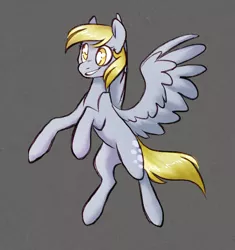Size: 1280x1359 | Tagged: safe, artist:mickearts, derpibooru import, derpy hooves, pegasus, pony, catchlights, female, flying, gray background, mare, simple background, smiling, wings