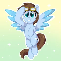 Size: 1800x1800 | Tagged: safe, artist:colorfulcolor233, derpibooru import, oc, oc:cloud hop, unofficial characters only, pegasus, pony, abstract background, colored wings, colored wingtips, flying, goggles, looking at you, multicolored wings, simple background, smiling, solo, spread wings, wings