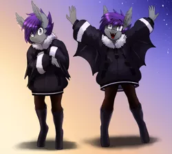 Size: 1443x1300 | Tagged: safe, artist:replica, derpibooru import, oc, oc:nolegs, unofficial characters only, anthro, bat pony, unguligrade anthro, adorkable, anthro oc, bat pony oc, bat wings, boots, clothes, coat, cute, dork, ear fluff, fangs, female, mare, shoes, wings