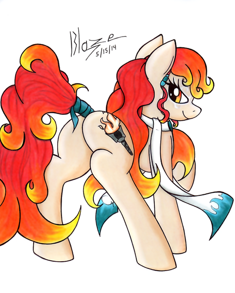 Size: 962x1200 | Tagged: suggestive, artist:blazelupine, derpibooru import, oc, oc:fiery soul, unofficial characters only, earth pony, pony, butt, clothes, cutie mark, female, looking at you, looking back, mare, plot, rear view, scarf, simple background, solo, solo female, tail wrap, traditional art, white background