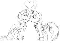Size: 1033x781 | Tagged: safe, artist:blazelupine, derpibooru import, trixie, oc, oc:pickles, pony, unicorn, canon x oc, clothes, dress, female, horn, horn ring, kissing, male, monochrome, ring, shipping, simple background, straight, traditional art, trikles, white background