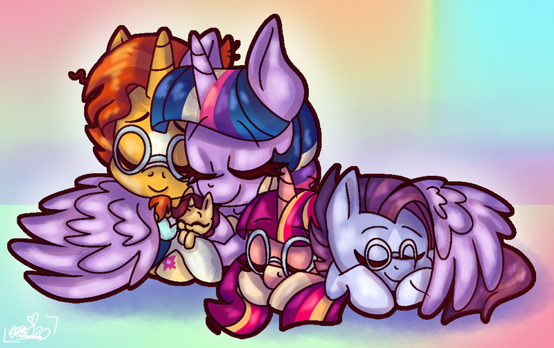 Size: 1080x679 | Tagged: safe, artist:awoomarblesoda, derpibooru import, sunburst, twilight sparkle, twilight sparkle (alicorn), oc, oc:dawn light, oc:sunbeam, oc:tarot spell, alicorn, pony, female, filly, glasses, hug, male, offspring, parent:sunburst, parent:twilight sparkle, parents:twiburst, prone, shipping, straight, twiburst, winghug