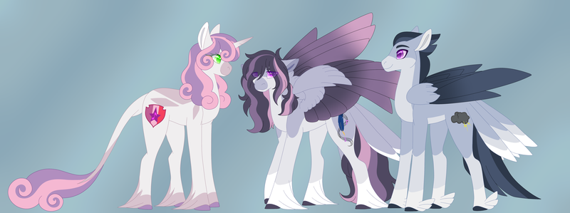 Size: 6688x2500 | Tagged: safe, artist:clay-bae, derpibooru import, rumble, sweetie belle, oc, oc:silver lining (clay-bae), pegasus, pony, alternate design, feathered fetlocks, female, high res, male, mare, offspring, parent:rumble, parent:sweetie belle, parents:rumbelle, rumbelle, shipping, straight, tail feathers, unshorn fetlocks