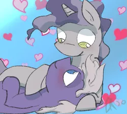 Size: 677x608 | Tagged: safe, artist:davierocket, derpibooru import, silver script, star bright, pegasus, pony, unicorn, blushing, cuddling, gay, heart, lidded eyes, looking at each other, love, lying down, male, no pupils, on back, shipping, simple background, smiling, stallion, starscript
