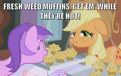 Size: 1102x694 | Tagged: safe, derpibooru import, edit, edited screencap, screencap, amethyst star, applejack, earth pony, pony, unicorn, applebuck season, baked bads, caption, food, image macro, implied marijuana, meme, muffin, text