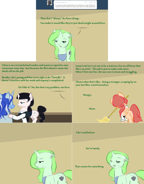 Size: 1802x2302 | Tagged: safe, artist:askmerriweatherauthor, derpibooru import, oc, oc:china saucer, oc:loose leaf, oc:lovestruck, oc:merriweather, pegasus, pony, apron, ask merriweather, broom, clothes, female, mare, scar