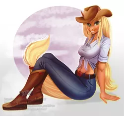 Size: 3493x3258 | Tagged: safe, artist:kilbi-art, derpibooru import, applejack, anthro, earth pony, plantigrade anthro, belly button, belt, belt buckle, boots, clothes, cowboy boots, cowboy hat, cowgirl, female, front knot midriff, hat, jeans, looking at you, mare, midriff, pants, shoes, sitting, smiling, stetson, teeth