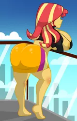 Size: 700x1100 | Tagged: suggestive, alternate version, artist:mashoart, derpibooru import, sunset shimmer, equestria girls, ass, barefoot, big breasts, breasts, bunset shimmer, busty sunset shimmer, butt, clothes, erect nipples, faceless female, feet, female, huge breasts, impossibly large breasts, legs, nipple outline, offscreen character, the ass was fat, thick, thighs, underwear