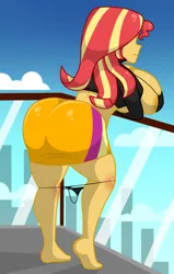 Size: 700x1100 | Tagged: suggestive, alternate version, artist:mashoart, derpibooru import, sunset shimmer, equestria girls, ass, barefoot, big breasts, breasts, bunset shimmer, busty sunset shimmer, butt, clothes, erect nipples, faceless female, feet, female, huge breasts, impossibly large breasts, legs, nipple outline, offscreen character, panties, panties around legs, panties pulled down, the ass was fat, thick, thighs, thong, underwear