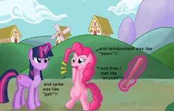 Size: 850x543 | Tagged: safe, artist:kurus22, derpibooru import, pinkie pie, twilight sparkle, unicorn, baseball bat, dialogue, levitation, magic, telekinesis, text, unicorn twilight, windmill