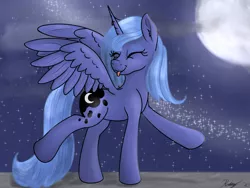 Size: 1600x1200 | Tagged: safe, artist:kalashnikitty, derpibooru import, princess luna, alicorn, pony, :p, cloud, cute, dancing, eyes closed, female, looking back, lunabetes, mare, moon, night, night sky, night sky background, s1 luna, sky, solo, someone boop this pony, spread wings, stars, tongue out, wings