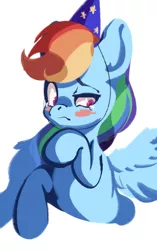 Size: 1227x1960 | Tagged: artist:tohupo, birthday, cute, derpibooru import, female, happy birthday, hat, mare, party hat, rainbow dash, rainbow dash day, rainbow dash's birthday, safe, simple background, solo, teary eyes, white background