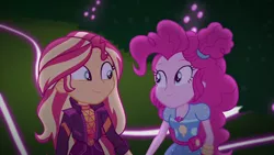 Size: 1920x1080 | Tagged: safe, derpibooru import, screencap, pinkie pie, sunset shimmer, equestria girls, equestria girls series, sunset's backstage pass!, spoiler:eqg series (season 2), geode of empathy, geode of sugar bombs, magical geodes, music festival outfit