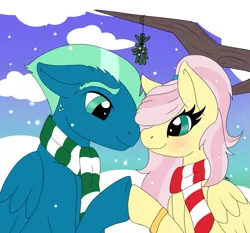 Size: 1039x969 | Tagged: safe, artist:mercyamour, derpibooru import, fluttershy, sky stinger, pegasus, pony, blushing, christmas, clothes, couple, eyebrows, female, fluttersky, folded wings, holding hooves, holiday, husband and wife, in love, jewelry, looking at each other, male, mistletoe, ring, scarf, shipping, snow, snowfall, straight, tree branch, wedding ring, wings