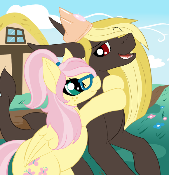 Size: 1189x1232 | Tagged: artist:mercyamour, chubby, cloud, crown, cutie mark, derpibooru import, fluttershy, folded wings, freckles, glasses, hug, hug from behind, jewelry, looking at each other, looking back, oc, oc and canon, oc:somebodyaswell, original species, pegasus, ponyville, regalia, safe, shark, shark pony, shark tail, sharp teeth, shipping, teeth, wings