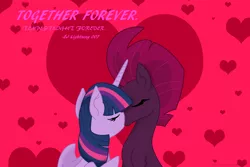 Size: 3000x2000 | Tagged: safe, artist:ejlightning007arts, derpibooru import, tempest shadow, twilight sparkle, twilight sparkle (alicorn), alicorn, unicorn, eyes closed, female, heart, hearts and hooves day, holiday, kissing, lesbian, shipping, tempestlight, together forever, valentine's day