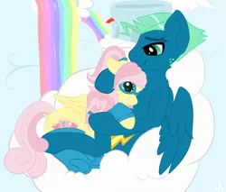 Size: 1498x1275 | Tagged: safe, artist:mercyamour, derpibooru import, fluttershy, sky stinger, pegasus, pony, clothes, cloud, cloudsdale, cuddling, cutie mark, eyebrows, female, fluttersky, freckles, glasses, holding each other, hoodie, husband and wife, looking at each other, male, on a cloud, shipping, sitting, sitting on cloud, socks, spread wings, straight, wings