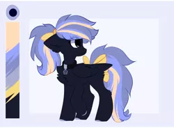 Size: 1956x1440 | Tagged: safe, artist:little-sketches, derpibooru import, oc, oc:midnight skyline, pegasus, pony, bow, chest fluff, collar, color palette, ear fluff, eye clipping through hair, female, hair bow, mare, ponytail, reference sheet, simple background, solo, tail bow, white background