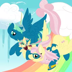 Size: 2000x2000 | Tagged: safe, artist:mercyamour, derpibooru import, fluttershy, sky stinger, oc, oc:static ocean stinger, bat pony, pegasus, clothes, cloud, cloudsdale, cutie mark, eyebrows, family, female, filly, fluttersky, flying trio, freckles, glasses, holding hooves, hoodie, husband and wife, jewelry, looking at each other, looking back, male, mare, offspring, parent:fluttershy, parents:fluttersky, parent:sky stinger, ring, sharp teeth, shawl, shipping, socks, spread wings, stallion, straight, teeth, wedding ring, wings