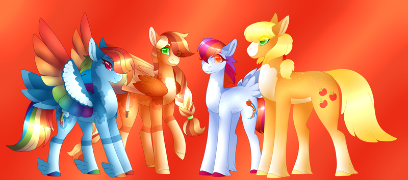 Size: 5491x2432 | Tagged: safe, artist:clay-bae, derpibooru import, applejack, rainbow dash, oc, oc:valkyrie, oc:zap apple, earth pony, pegasus, pony, alternate design, appledash, colored wings, feathered fetlocks, female, lesbian, magical lesbian spawn, mare, multicolored wings, offspring, parent:applejack, parent:rainbow dash, parents:appledash, rainbow wings, shipping, tail feathers, wings