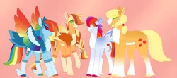 Size: 5491x2432 | Tagged: safe, alternate version, artist:clay-bae, derpibooru import, applejack, rainbow dash, oc, oc:valkyrie, oc:zap apple, earth pony, pegasus, pony, alternate design, appledash, colored wings, feathered fetlocks, female, lesbian, magical lesbian spawn, mare, multicolored wings, offspring, parent:applejack, parent:rainbow dash, parents:appledash, rainbow wings, shipping, tail feathers, wings