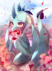Size: 2085x2835 | Tagged: artist:choyamy, blushing, cute, derpibooru import, dragon, dragoness, emberbetes, female, fire ruby, flower, gem, heart, jewelry, petals, princess ember, rose, ruby, safe, solo, weapons-grade cute