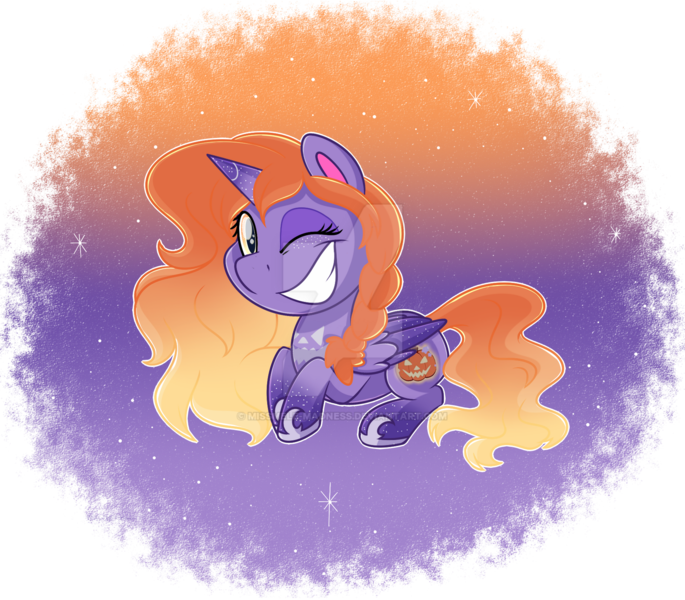 Size: 1600x1402 | Tagged: safe, artist:missmele-madness, derpibooru import, oc, oc:spooky skies, alicorn, pony, my little pony: pony life, chibi, deviantart watermark, female, mare, obtrusive watermark, one eye closed, prone, solo, watermark, wink