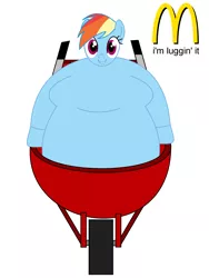 Size: 1500x2000 | Tagged: suggestive, artist:dev-catscratch, derpibooru import, rainbow dash, pegasus, pony, fat, fat fetish, female, fetish, i'm luggin' it, looking at you, mcdonald's, obese, rainblob dash, simple background, solo, tubby wubby pony waifu, wheelbarrow, white background