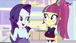 Size: 1280x727 | Tagged: suggestive, derpibooru import, edit, edited edit, edited screencap, editor:mlp-gft, screencap, rarity, sour sweet, dance magic, equestria girls, spoiler:eqg specials, big breasts, breast edit, breasts, busty rarity, busty sour sweet, duo, duo female, erect nipples, female, nipple outline, nudity, open mouth, smiling