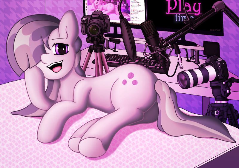 Size: 1280x900 | Tagged: suggestive, artist:gensir, derpibooru import, marble pie, earth pony, pony, camera, computer, female, hair over one eye, mare, microphone, streamer, streaming, tripod, underhoof