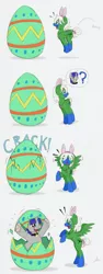 Size: 731x1939 | Tagged: safe, artist:ravenpuff, deleted from derpibooru, derpibooru import, oc, oc:pillow case, oc:rowena, unofficial characters only, pegasus, pony, unicorn, comic, easter egg, exclamation point, female, horn, male, mare, pegasus oc, pictogram, pronking, rearing, socks (coat marking), stallion, surprised, traditional art, unicorn oc, unshorn fetlocks, wings