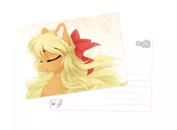 Size: 955x700 | Tagged: safe, artist:vird-gi, derpibooru import, applejack, earth pony, pony, beautiful, bow, chest fluff, ear fluff, eyes closed, female, hair bow, mare, postcard, signature, smiling, solo, windswept mane