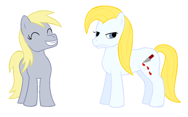 Size: 998x620 | Tagged: safe, alternate version, artist:chili19, derpibooru import, derpy hooves, oc, oc:bloodknife, earth pony, pegasus, pony, blood, duo, female, frown, grin, knife, mare, simple background, smiling, transparent background