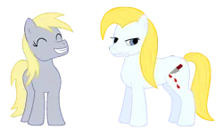 Size: 998x620 | Tagged: safe, alternate version, artist:chili19, derpibooru import, derpy hooves, oc, oc:bloodknife, earth pony, pegasus, pony, blood, duo, female, frown, grin, knife, mare, simple background, smiling, transparent background