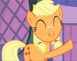 Size: 1191x939 | Tagged: safe, derpibooru import, screencap, applejack, earth pony, pony, where the apple lies, cropped, cute, eyes closed, female, freckles, happy, jackabetes, smiling, solo, teenage applejack, teenager