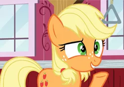 Size: 1333x938 | Tagged: safe, derpibooru import, screencap, applejack, earth pony, pony, where the apple lies, cropped, female, freckles, raised hoof, smiling, solo, teenage applejack, teenager