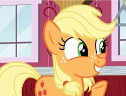 Size: 1221x939 | Tagged: safe, derpibooru import, screencap, applejack, earth pony, pony, where the apple lies, cropped, cute, female, freckles, happy, jackabetes, raised hoof, smiling, solo, teenage applejack, teenager