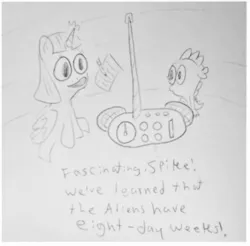 Size: 855x840 | Tagged: safe, artist:dex stewart, derpibooru import, spike, twilight sparkle, alicorn, pony, fanfic, fanfic:the mane six discover human music, eight days a week, fimfiction, monochrome, radio, song reference, the beatles