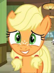 Size: 691x938 | Tagged: safe, derpibooru import, screencap, applejack, earth pony, pony, where the apple lies, cropped, cute, female, freckles, jackabetes, smiling, solo, teenage applejack, teenager