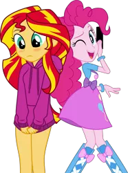 Size: 3743x5018 | Tagged: suggestive, artist:cloudyglow, artist:yanoda, derpibooru import, edit, edited edit, editor:slayerbvc, vector edit, pinkie pie, sunset shimmer, equestria girls, blushing, bottomless, breaking the fourth wall, censor bar, censored, clothes, embarrassed, embarrassed nude exposure, hoodie, nudity, one eye closed, partial nudity, shirt, shirt pull, simple background, transparent background, vector, wink